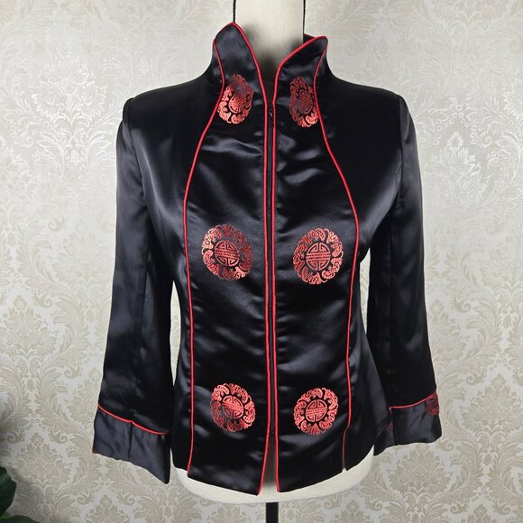 VuahongMei Size Medium Black Satin Zip Front Blazer Red Accents Asian Design - Picture 1 of 13